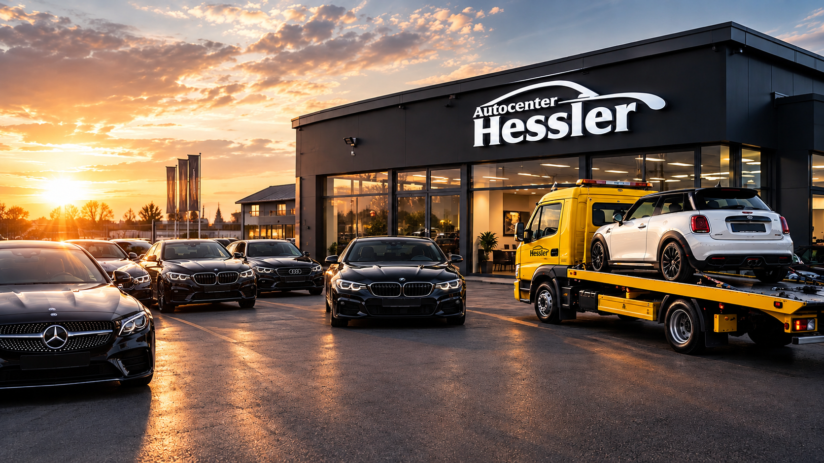 Autocenter Hessler von außen mit Fahrzeugen und Abschleppwagen im Abendlicht