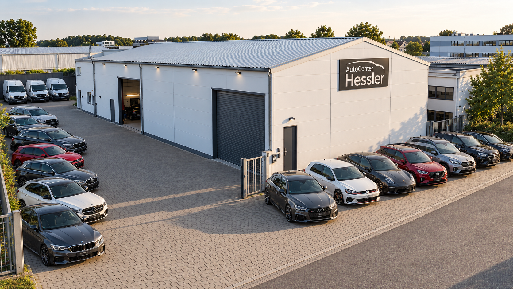 Luftaufnahme des Autocenter Hessler in Grevenbroich mit Fahrzeugen und Autotransporter